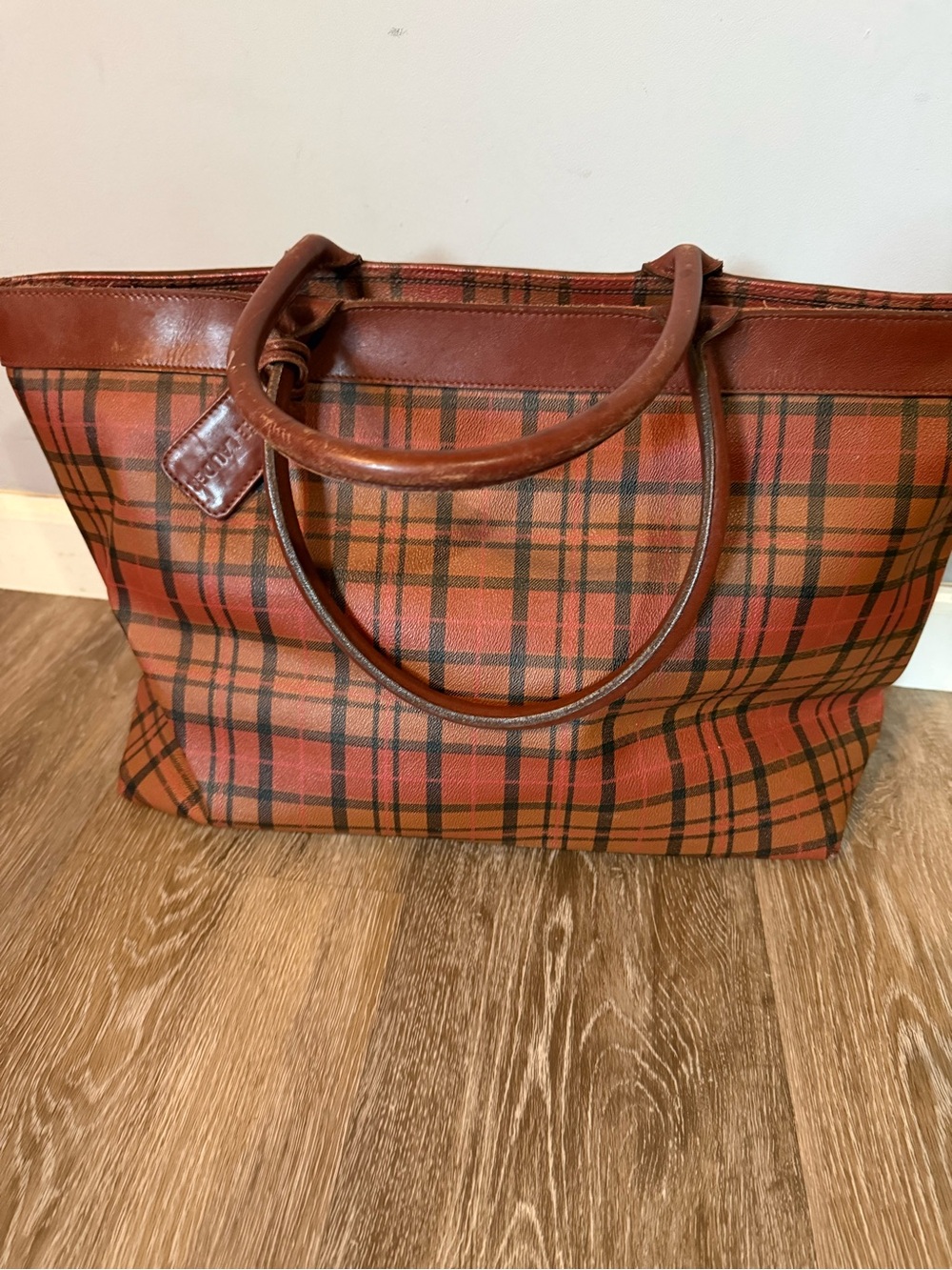 Estee Lauder Vintage Leather Plaid Tote Bag